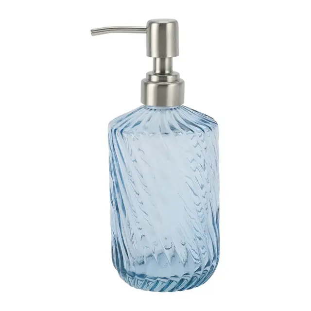 Unique Bargains Classic Twill Lines Soap Pump Dispenser 450ml 1 Pc Clear Blue, Silver Tone