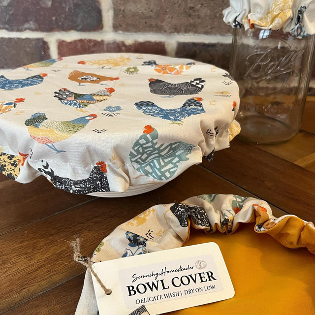 CHICKEN Bowl Cover and Jar Cap - Washable - 100% cotton - Lined - Sourdough - KitchenAid - Scrunchy Homesteader Gift
