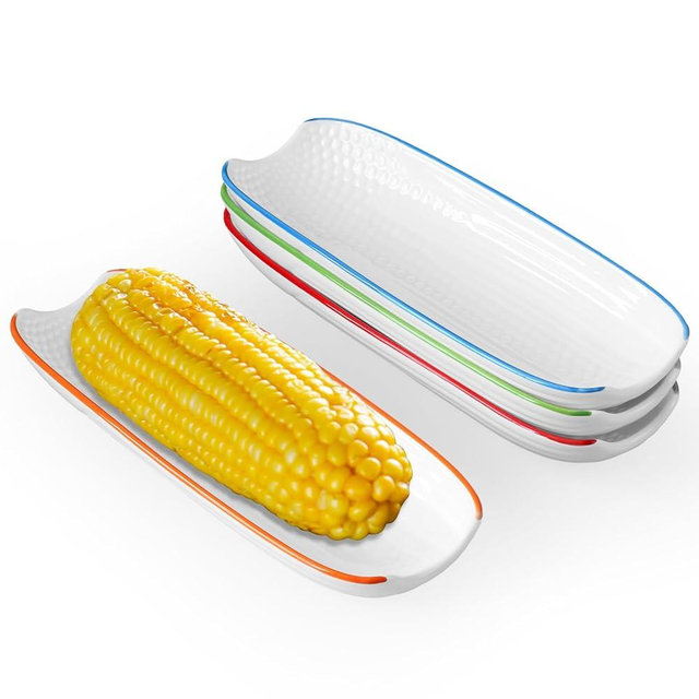 Cinf Colorful Side Ceramic Corn Cob Holders 8.8" Corn Dishes Set of 4, White Dishes Non-slip Bottom Microwave Dishwasher Oven Safe