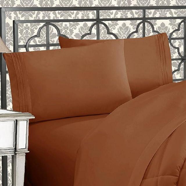 Elegant Comfort Luxurious 1500 Premium Hotel Quality Microfiber Three Line Embroidered Softest 4-Piece Bed Sheet Set, Wrinkle and Fade Resistant, Queen, Bronze