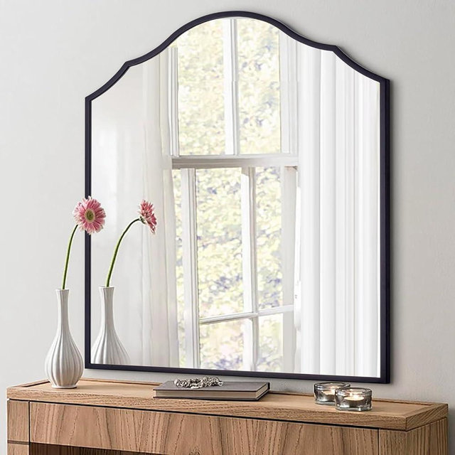 Autdot 32"x30" Vanity Mirror for Wall, with Black Arched Decorative Metal Frame, Scalloped Entryway Mirror for Bedroom, Bathroom, Living Room
