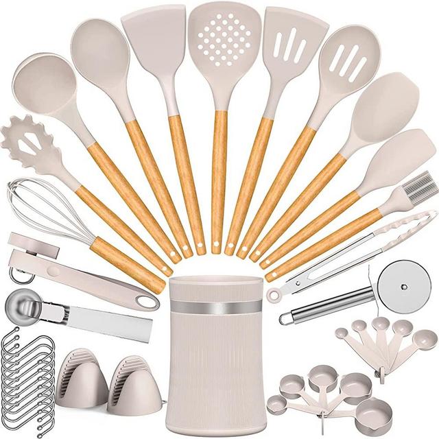 Umite Chef Silicone Cooking Utensil Set, 38 pcs Silicone Cooking Kitchen Utensils Set with Wooden Handle, Non-stick Heat Resistant - Best Kitchen Cookware Set- Khaki(BPA Free, Non Toxic)