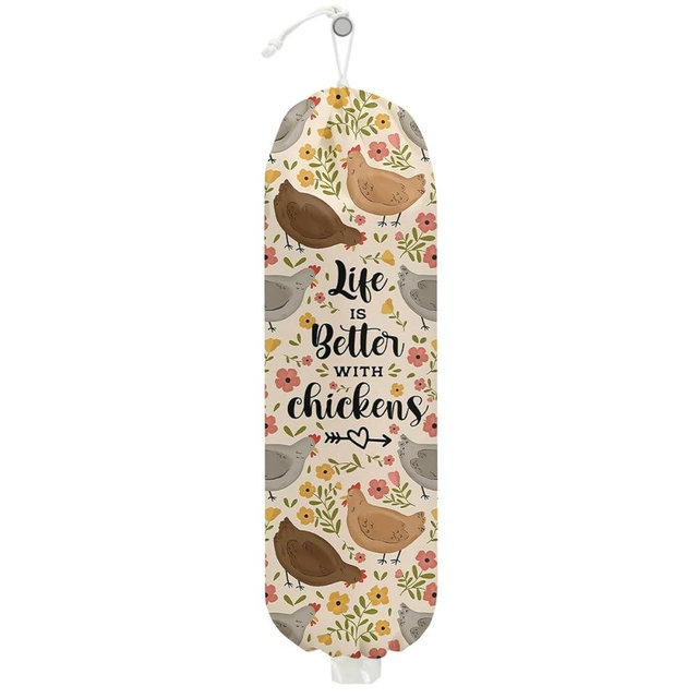 Chicken Flowers Plastic Bag Holder, Wall Mount Grocery Bag Holder, Plastic Storage bag, Storage Organizer Grocery Bags with Drawstring, Chicken Gifts for Women Mom Grandma Animal Lovers