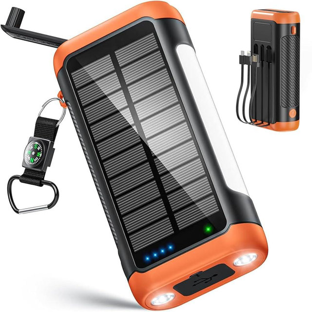 DJKK Solar Power Bank Portable Charger:66800mAh Built in Hand Crank and 3 Cables 22.5W Fast Charging Phone External Battery Pack(5 Outputs & 5 Inputs) with Camping Flashlights/Table Lamp/Compass