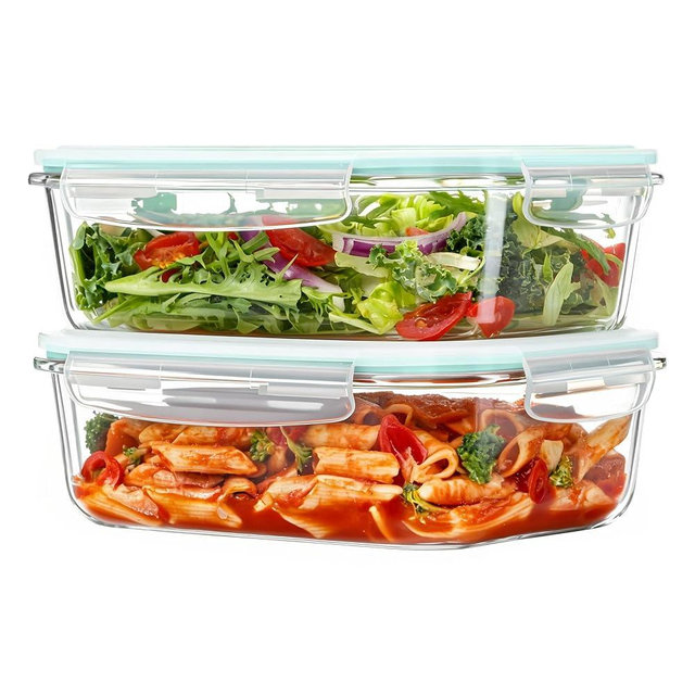 Vtopmart 2Pack 1500ml/50.7oz Large Glass Storage Containers with Lids, Meal Prep Food Container Set with Snap Airtight Lid for Baking, Microwave, Oven, Leak Proof, for Freezer, Dishwasher, Green
