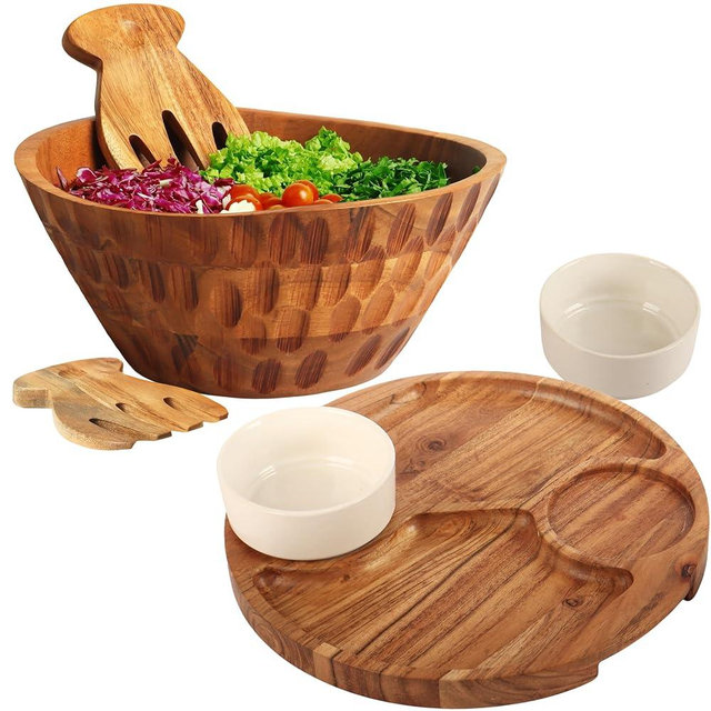 Culina Craftique 11" Wooden Salad Bowl Set — Bundle with 12.2" Chip and Dip Serving Platter — Durable Hosting Essential For Home — Ideal Gift — Includes Serving Utensils and 2 Ceramic Bowls