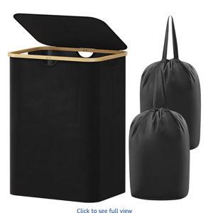 Lifewit 150L Laundry Basket with Lid, Clothes Hampers with Bamboo Handles and 2 Removable Bags, Large Foldable Laundry Hamper for Bedroom, Bathroom, Dorm, Black