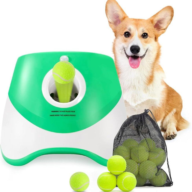 MEKAPLE Automatic Dog Ball Launcher, Dog Ball Thrower with 15 Mini Tennis Balls Sizing 2 Inch and Mesh Bag, Interactive Dog Toys Tennis Ball Launcher for Small Dogs with 3 Distance Settings