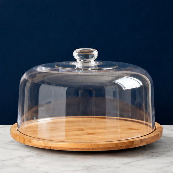 Cake Stand with Lid, Bamboo Wood Rotating Cake Holder with Dome, BPA Free Cake Dish with Cover, Cake Plate with Cover for Birthday/Kitchen/Party/Weddings