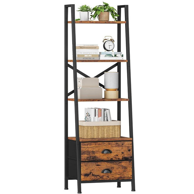 Furologee 4-Tier Ladder Shelf,Small Bookshelf with 2 Drawers,Vertical Bookcase Storage Rack Organizer,Rustic Bookshelves for Living Room,Bedroom,Bathroom,Home Office,Kitchen,Rustic Brown
