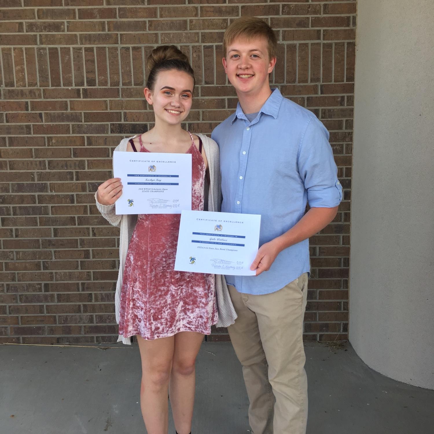 Both recognized as state champions in 2018! Gabe for jazz band, Kashyn for winter guard