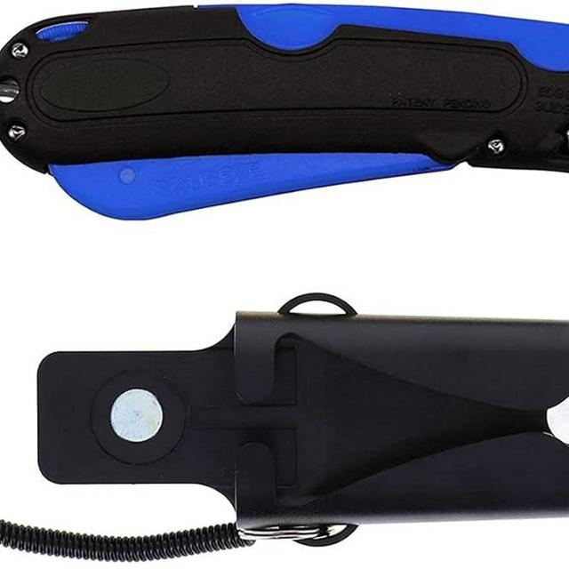 Veltec EZ-1000 Safety Box Cutter Utility Knife, 3 Blade Depth Setting, Squeeze Trigger and Dual Side Edge Guide, 2 Blades, Holster and Lanyard (Blue)