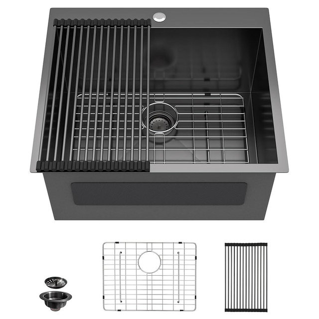 25 Laundry Sink Drop In - Fulorni 25"x22" Laundry Utility Room Sink Drop In Topmount Gunmetal Black NANO-PVD 16 Gauge T304 Stainless Steel 12 Inch Deep Single Bowl Basin