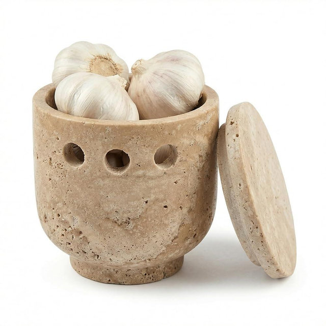 Ignifluence Travertine Stone Garlic Keeper, 4.5 Inch Handmade Marble Garlic Holder for Countertop, Breathable Stone Container for Storing Garlic Cloves, Farmhouse Kitchen Decor (ds-09)