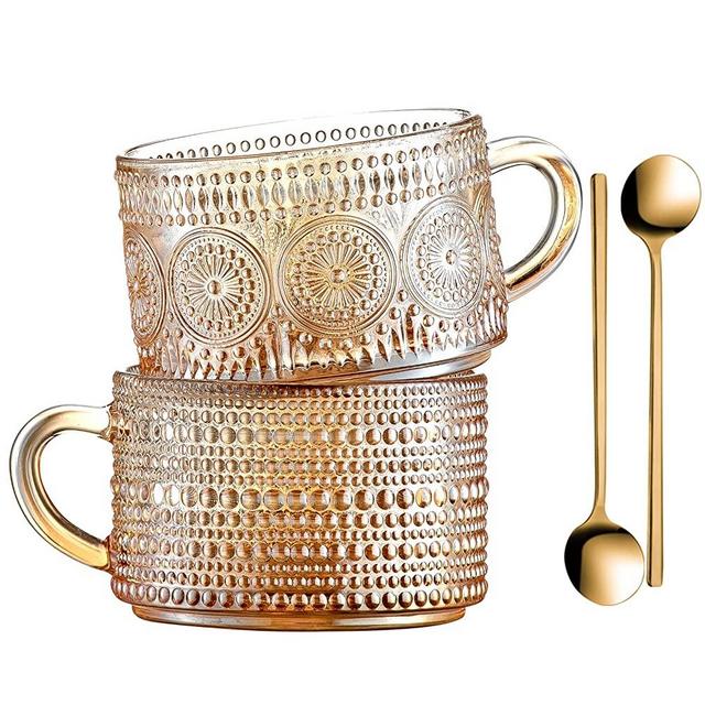 Gezzeny Vintage Coffee Mugs, Glass Coffee Mugs 14 Oz Set of 2 Amber Embossed Glass Cups, Tea Cups, Glass Coffee Cups for Cappuccino, Latte,Cereal, Yogurt, Beverage Hot/Cold Mother's Father's Day Gifts