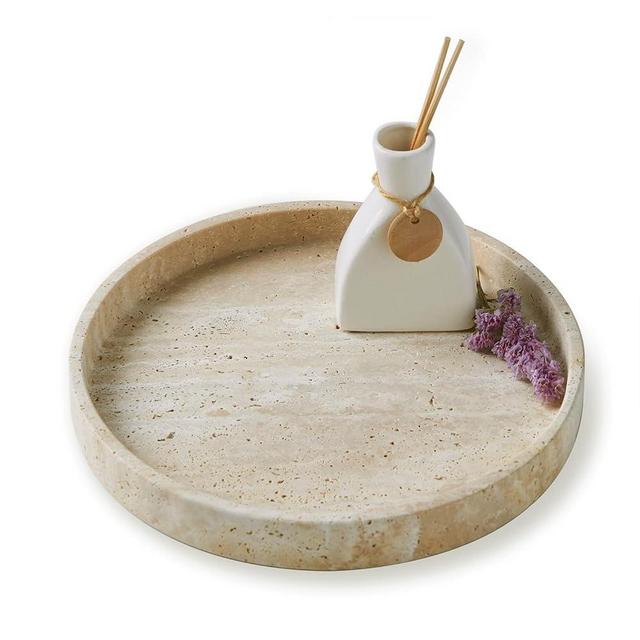 PHINILUX Travertine Marble Vanity Tray, Round Ottoman Tray Minimalist Modern Decorative&Fruit Serving Plate for Bathroom, Kitchen, Nightstand, Jewelry Ring Dish Holder, Table Accents Decor, Beige