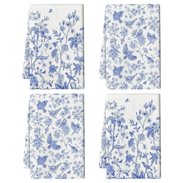 Pintukee Chinoiserie Floral Kitchen Dish Towels 16x24 Inch, White Blue Flowers Bird Absorbent Tea Hand Towels for Kitchen Cooking Baking Farmhouse Holiday Decoration Set of 4, Chinoiserie Decor
