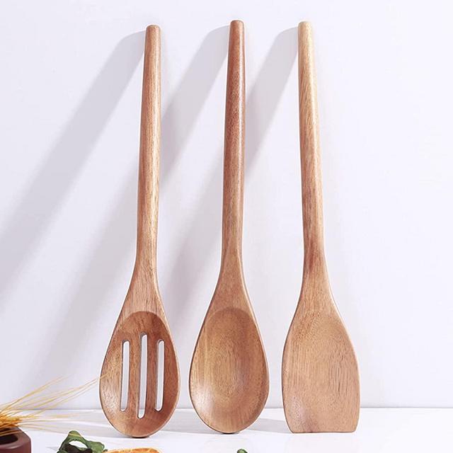 Delicate Wooden Utensils For Cooking, Set Of 3, Wood Kitchen Utensils Cooking Tools, 12 Inch Acacia Wooden Spoons Spatula Set , Cooking Gadgets Safe For Nonstick Cookware, Easy To Use