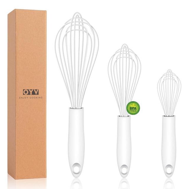 OYV White Silicone Whisk, Sealed Waterproof Design Set of 3, Professional Kitchen Whisks for Cooking Non-Scratch, Silicone&Stainless Steel Whisk, Heat Resistant 480°F Rubber wisk, BPA free