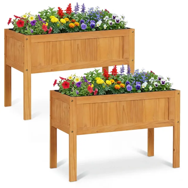 Costway 2 PCS Wooden Raised Garden Bed Elevated Planter Box with Bed Liner & Drainage Holes