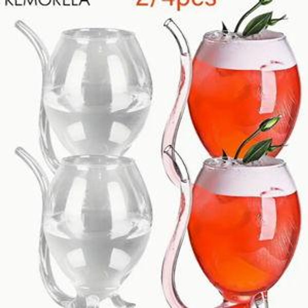2 sets KEMORELA 300ml Glass Cocktail Cup with built in straw