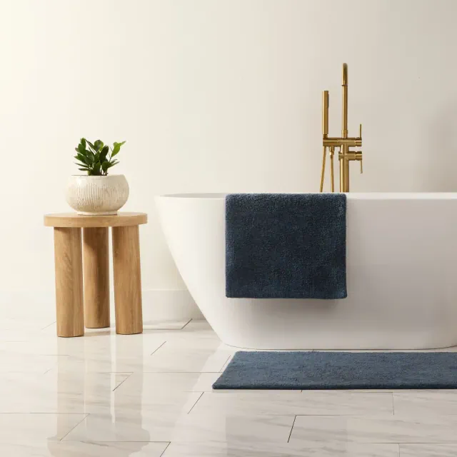 Reversible Solid Cotton Bath Mat,Thick Absorbent Luxury Bath Rug, Washable Spa-Inspired Large Hotel Bath Mat - Becky Cameron , Navy, 34" x 21"