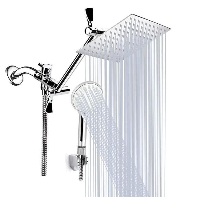 Shower Head, 10 Inch High Pressure Rainfall Shower Head/Handheld Shower Combo with 11 Inch Extension Arm, 9 Settings Adjustable Anti-leak Shower Head with Holder/Hose, Height/Angle Adjustable, Chrome