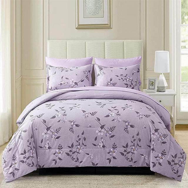 Yiran 7 Pieces Bed in a Bag Purple Botanical Plant Flowers Comforter Set Soft Microfiber Bedding Queen Comforter Sets with 1 Comforter 2 Pillowshams 1 Flat Sheet 1 Fitted Sheet and 2 Pillowcases