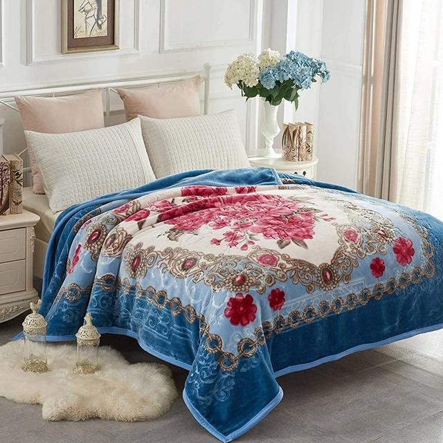 JYK Korean Faux Mink Fleece Blanket 83" X 91", 5.7 LB - 2 Ply Reversible Soft Warm Plush Flannel Blanket (Flower/Light Blue, King)