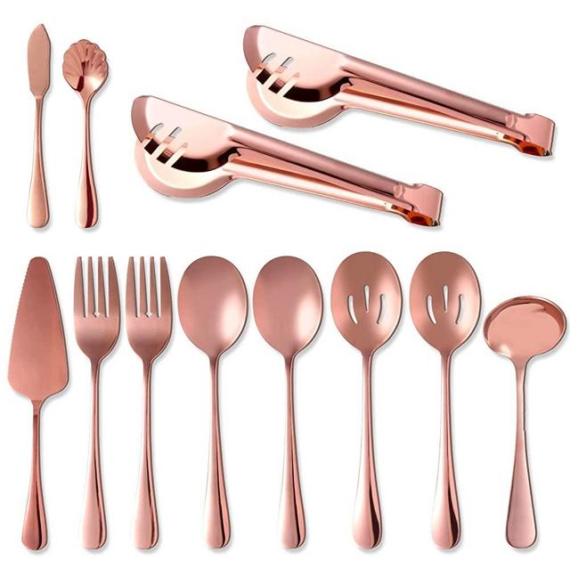 Rose Gold Serving Utensils,12 Pcs Stainless Steel Serving Utensil with Serving Spoon,Slotted Spoons,Serving Forks,Soup Ladle,Serving Tongs,Pie Server,Butter Knife Serving Utensils Set for Parties…