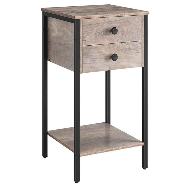 HOOBRO Tall Nightstand, Bedside Table with 2 Drawers and Storage Shelf, Industrial Telephone End Table for Living Room, Study, Bedroom, Space Saving, Easy Assembly, Greige and Black BG72BZ01