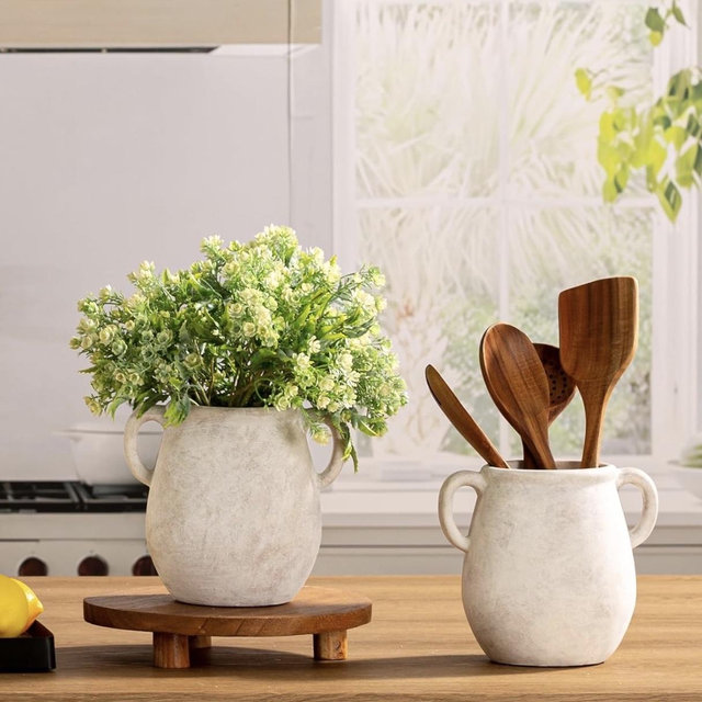 Ceramic Flower Vase Home Decor - 7.1 Inch White Rustic Table Flowers Vases Living Room Bedroom Plant Decoration Modern Farmhouse Vintage for Kitchen Shelf Office Coffee Dining Desk House Women