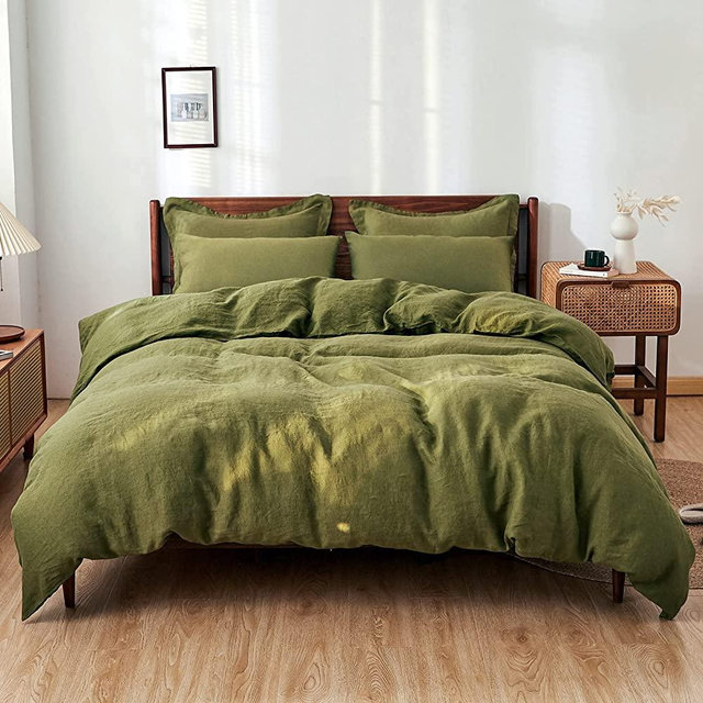 Simple&Opulence 100% Washed Linen Duvet Cover Set 5pcs(1 Duvet Cover& 2 Shams& 2 Pillowcases) Basic Style Natural French Flax Soft Breathable Farmhouse Bedding (Queen, Olive Green)