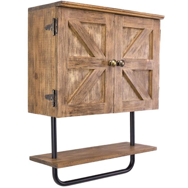 EXCELLO GLOBAL PRODUCTS Barndoor Bathroom Wall Cabinet, Space Saver Storage Cabinet Kitchen Medicine Cabinet with Adjustable Shelf and Towel Bar, Rustic Brown