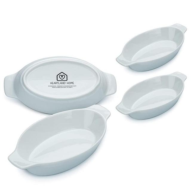 Heartland Home Porcelain Mini Casserole Dish Oval Au Gratin Dish (4pc Set). Cauliflower Au Gratin Baking Dish, Banana Split Bowls, Single Serving Casserole Dishes, Small Individual Gratin Dishes Set