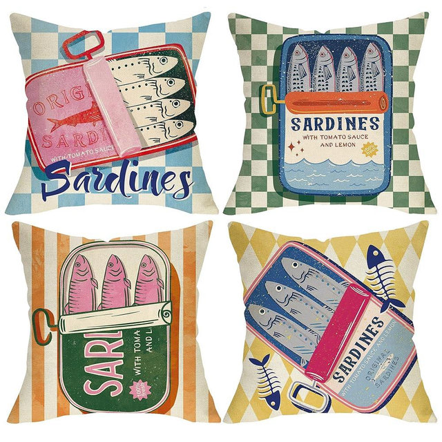 Fjfz Sardines Can Decorative Throw Pillow Covers 18 x 18 Set of 4, Beach Coastal Fish Fisherman Aesthetic Porch Outdoor Home Decor, Retro Nautical Plaid Stripes Argyle Sofa Couch Cushion Case