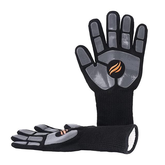 Blackstone 5558 Griddle Gloves with Silicone Palm Pads Heat Resistant up to 500 Degrees, Easy Grip for Indoor and Outdoor Cooking, Grilling, Baking, Fire Pit, Fryer, Oven, One Size, Black/Grey