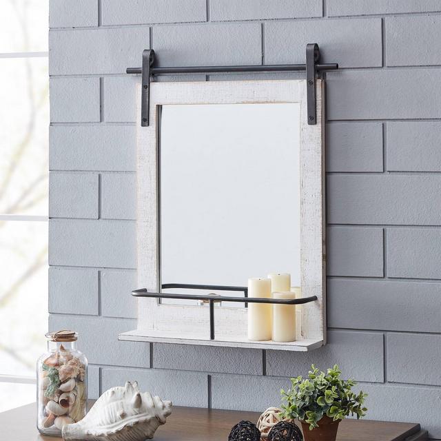 Ivy Wood Farmhouse Barn Door Mirror with Shelf - FirsTime