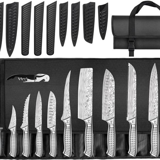 MOSFiATA Kitchen Knife Set, 17 Pcs Japanese Stainless Steel Knife Sets for Kitchen with Oxford cloth storage bag with Knife Sharpening Rod, Dishwasher Safe, For Outdoor