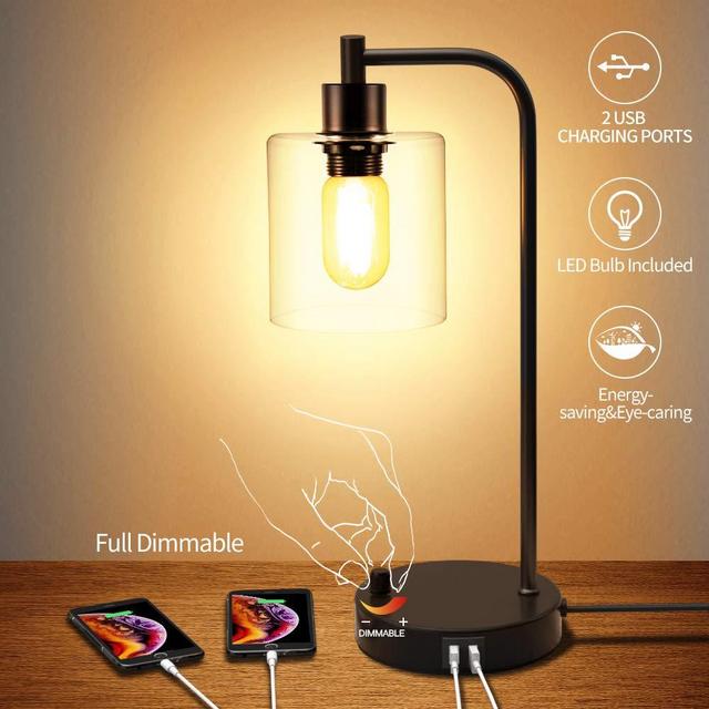 Industrial Table Lamp, Fully Dimmable Modern Nightstand Lamp with Dual USB Port, Glass Shade Table Lamps for Bedroom Living Room Office, 6W 2700K Dimmable LED Edison Bulb Included