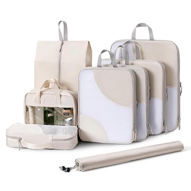 Packing Cubes for Travel, DIMJ Compression Packing Cubes Lightweight Compression Packing Cubes Travel, Sturdy Packing Cubes for Suitcases With Sock Bag, Transparent Window Wash Bag, 8 Pack Beige
