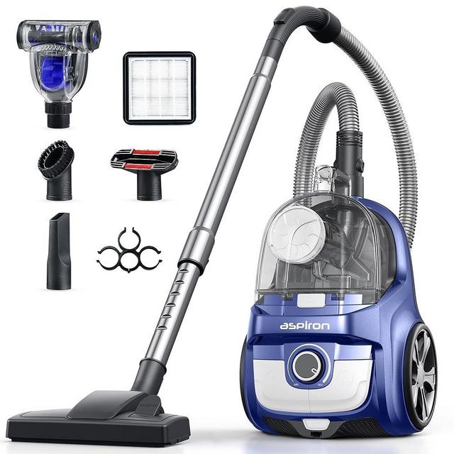Aspiron Canister Vacuum Cleaner, 40Kpa Bagless Vacuum Cleaners, 4QT Large Dust Cup, Double HEPA Filter, Retractable Cord, 1600W Lightweight Vacuum Cleaner with 5 Tools for Hard Floors, Cobalt