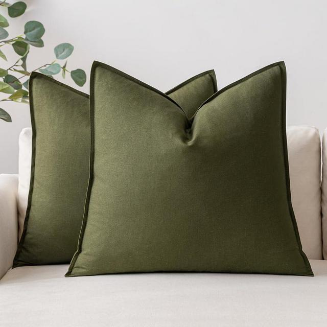 MIULEE Pack of 2 Olive Green Pillow Covers 18x18 Inch Decorative Couch Throw Pillow Covers Christmas Linen Cushion Covers Set Modern Farmhouse Home Decor for Sofa Living Room Bed