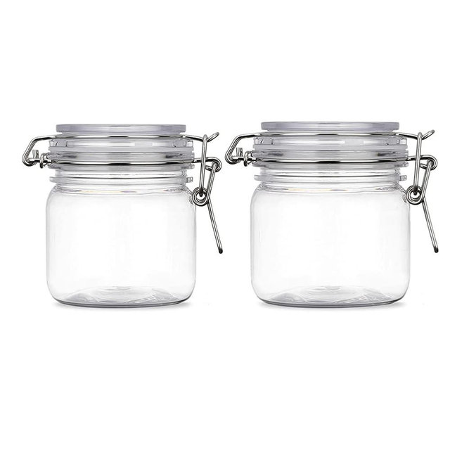 2 Pcs 10 Oz/300ml PET Plastic Storage Jars with Airtight Hinged Lids,Durable Clear Wide Mouth canning Jars for Food Storage Oats Canning Cereal Pasta Sugar Coffee Nuts Spices