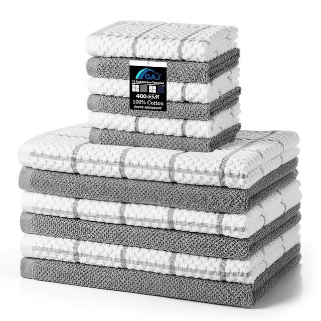 QAJ 12 Pack Kitchen Towels and Dishcloths Set, 100% Cotton Soft and Absorbent Kitchen Towels 16 x 25 inche & 13 x 13inche Dishcloths