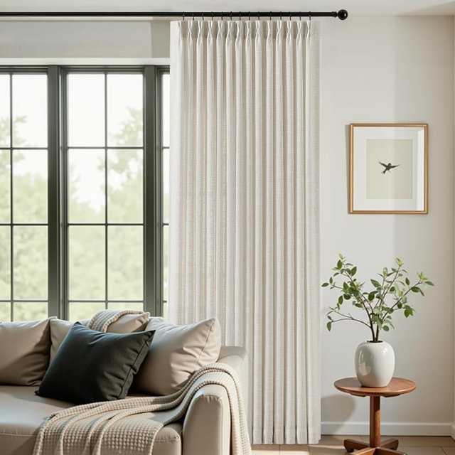 IVAPUPU Extra Wide Pinch Pleated Linen Curtains for Living Room, Memory Training Semi Sheer Ceiling to Floor Pleat Curtain with Hooks Rings Back Tab Light Filtering Drapes, 60Wx102L, Natural, 1 Panel