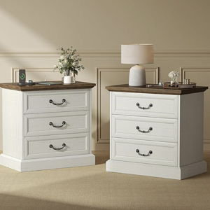 Huuger Nightstand with Charging Station, 3 Drawer Night Stand Set of 2, 22 Inch Wider Side Table with Storage, Farmhouse Nightstand with Vintage Handles, Thicken Base, for Bedroom, Distressed White