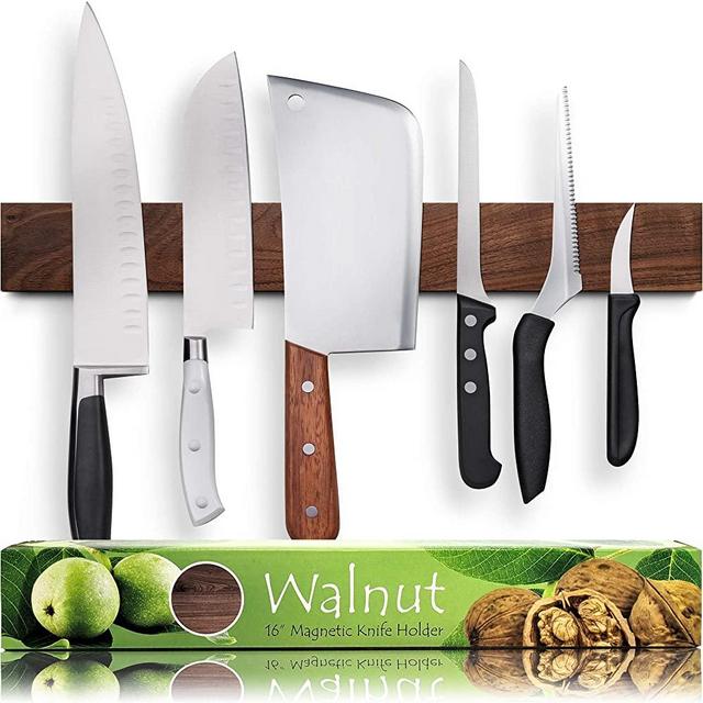 Premium 16 Inch Dark Walnut Wood Magnetic Knife Holder – Professional Wooden Magnetic Knife Strip - Space-Saving Knife Rack/Knife Bar With Powerful Magnetic Pull Force (Upgraded Version)