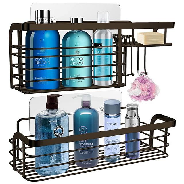Smatorga 2 Pack Adhesive Shower Caddy Organizer , Stainless Steel Shower Shelf with Soap Dish and Hooks, Waterproof Shower Rack Storage for Shower，Bathroom, Lavatory, Washroom，Bronze