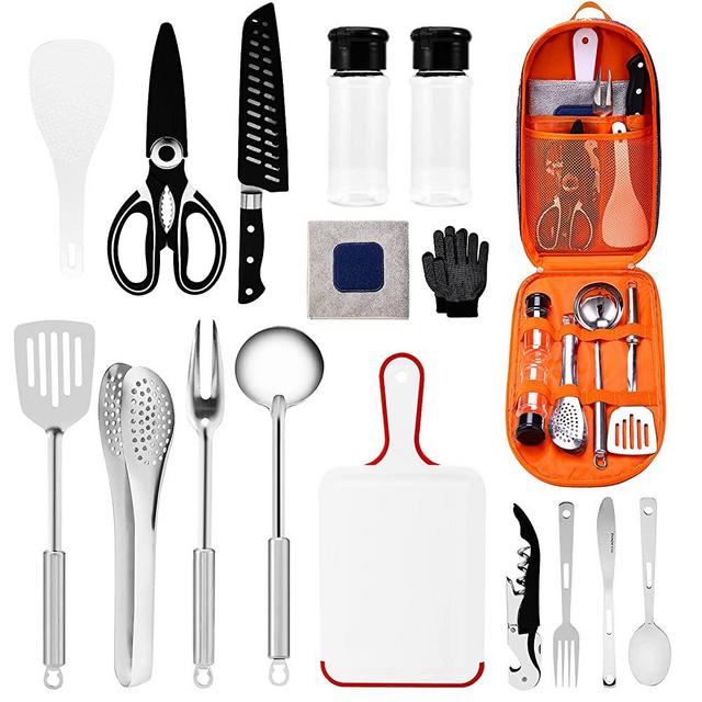 Camping Kitchen Equipment Camping Cooking Utensils Set Portable Picnic Cookware Bag Campfire Barbecue Appliances Essential Gadgets and Accessories Suitable for tent campers, outdoor picnic barbecues
